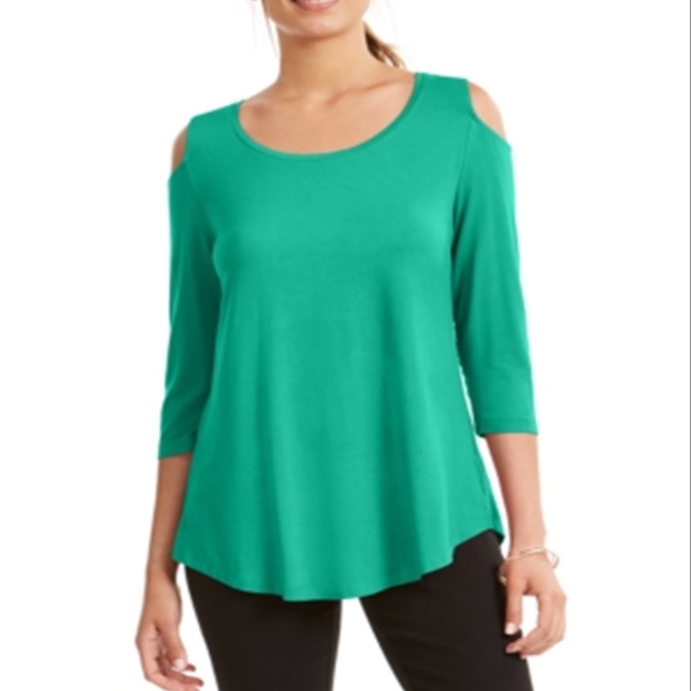 JM Collection Cold Shoulder Green 3/4 Sleeve Top, Size L
